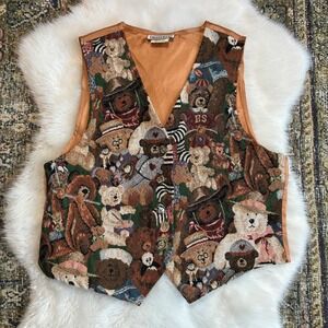 Vintage Embroidered Teddy Bear Tapestry Vest Novelty Print Medium USA Grandma